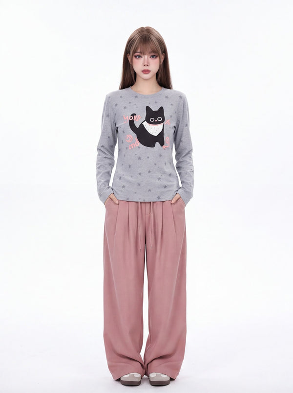 星柄×猫プリント 長袖トップス グレー